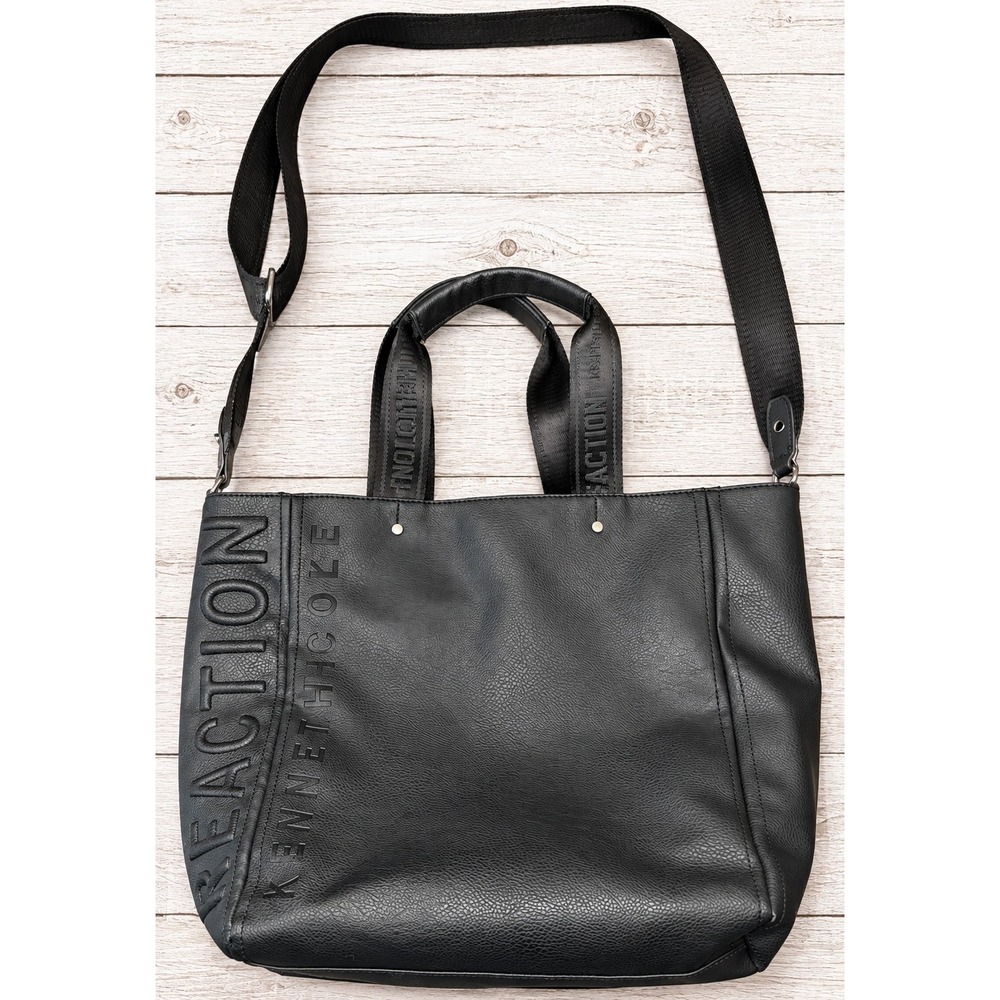 Kenneth Cole Reaction Black Faux Leather Tote Bag Crossbody Logo Strap Large OS